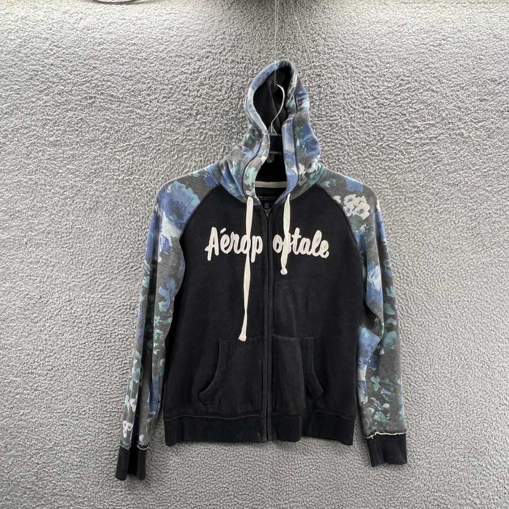 Aeropostale‎ Womens Hoodie M Charcoal Gray Zip Up Puff Logo Blue Camo Sleeve Y2K